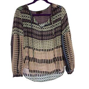 Hale Bob Purple Geometric Balloon Sleeve‎ Silk Blouse Size XS